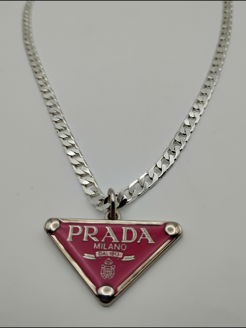 PRADA Milano Fuscia Triangle Logo Pendant On A 925 Sterling Silver Necklace - Picture 7 of 14
